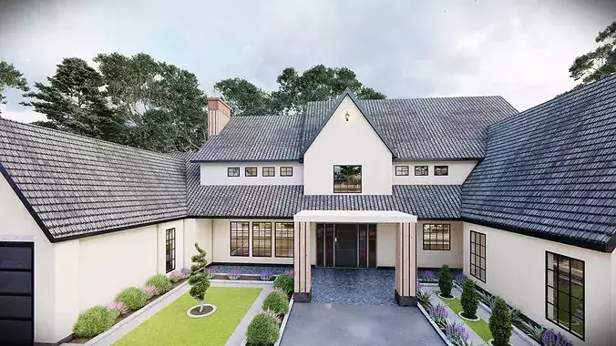 Modern Luxury Farmhouse Exterior Photorealistic Render 3D model 7