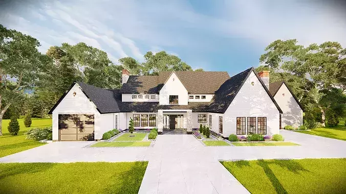 Modern Luxury Farmhouse Exterior Photorealistic Render 3D model 2