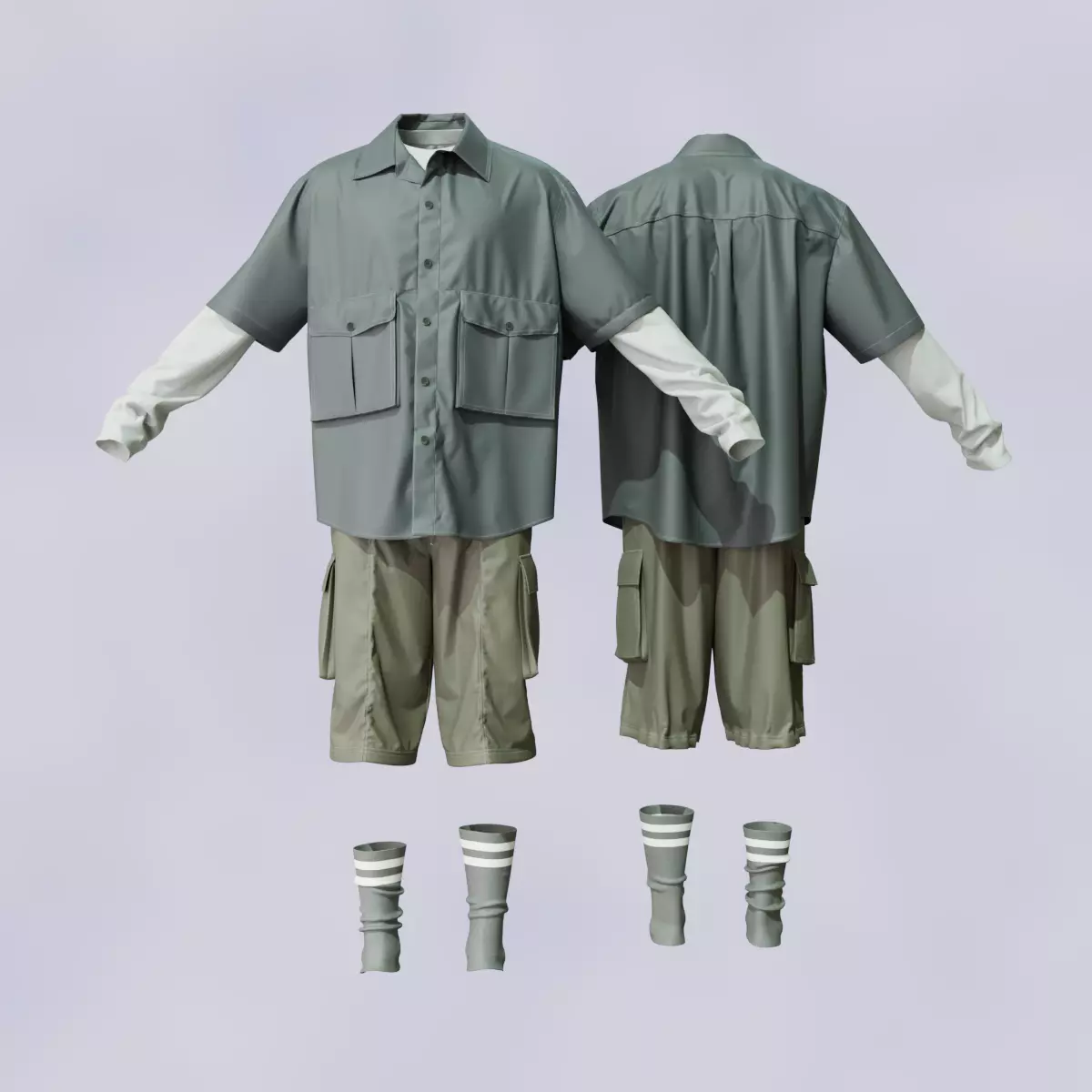 Men Casual Layered Shirt and Cargo Shorts 3D model