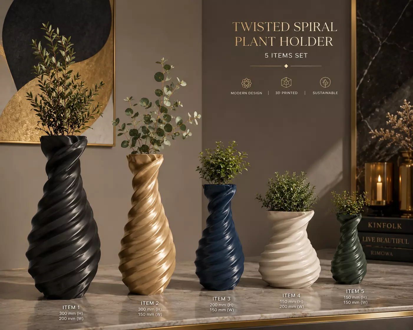 Twisted Spiral Planter Collection 5 Decorative Pots Premium 3D print model