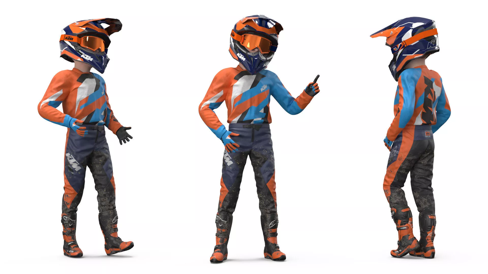 KTM Child Off Road Bike Rider Covered Mud Rigged 3D model
