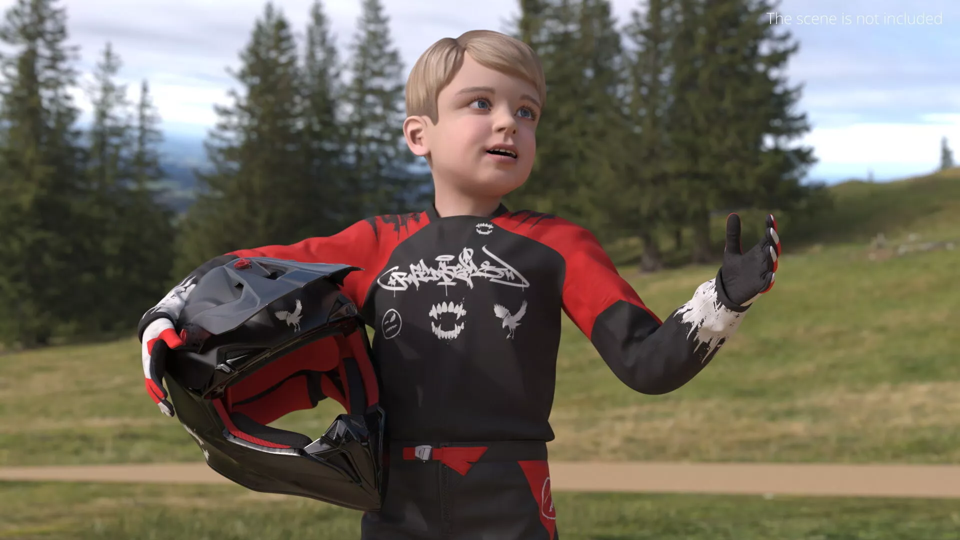 Youth Offroad Racing Suit with Goggles Black-Red Rigged 3D model