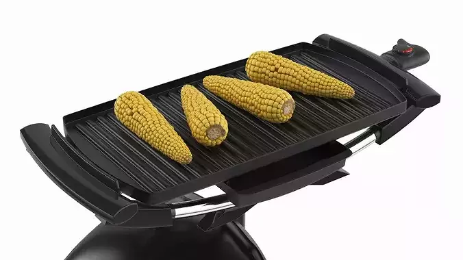 Open Lid Electric BBQ Grill with Corn Black 3D model 2