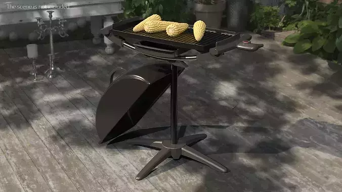 Open Lid Electric BBQ Grill with Corn Black 3D model 3