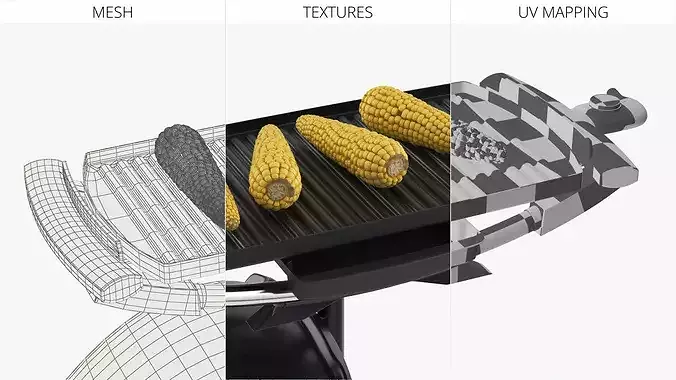 Open Lid Electric BBQ Grill with Corn Black 3D model 7