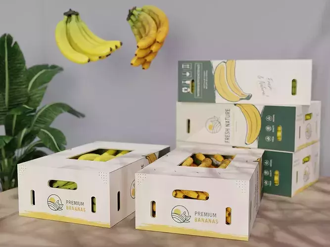 Photorealistic Banana Crate 3D Model - Market Packaging