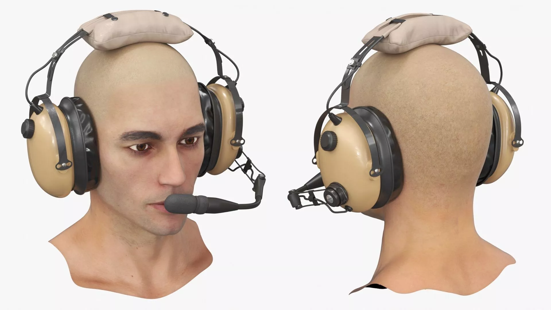 Aviation Pilot Headset on Male Head Desert Fur 3D model