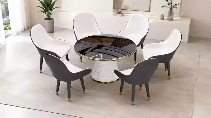 Classic dining table set  with 6 chairs pack Low-poly 3D model 3