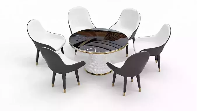 Classic dining table set with 6 chairs pack Low-poly 3D model