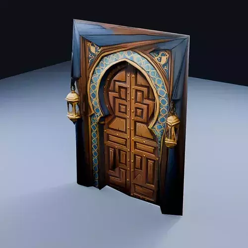Carved Wooden Door Low Poly PBR Game Asset
