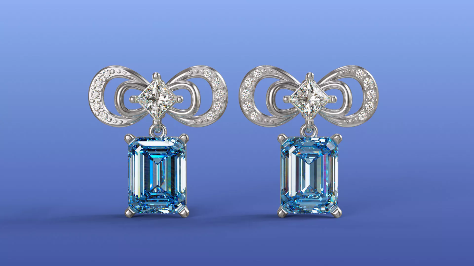 Elegance Bow Diamond Drop Earrings Princess Emerald Cut 3D print model