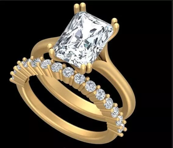 Radiant Cut Solitaire Engagement Ring with Matching Diamond band 3D print model