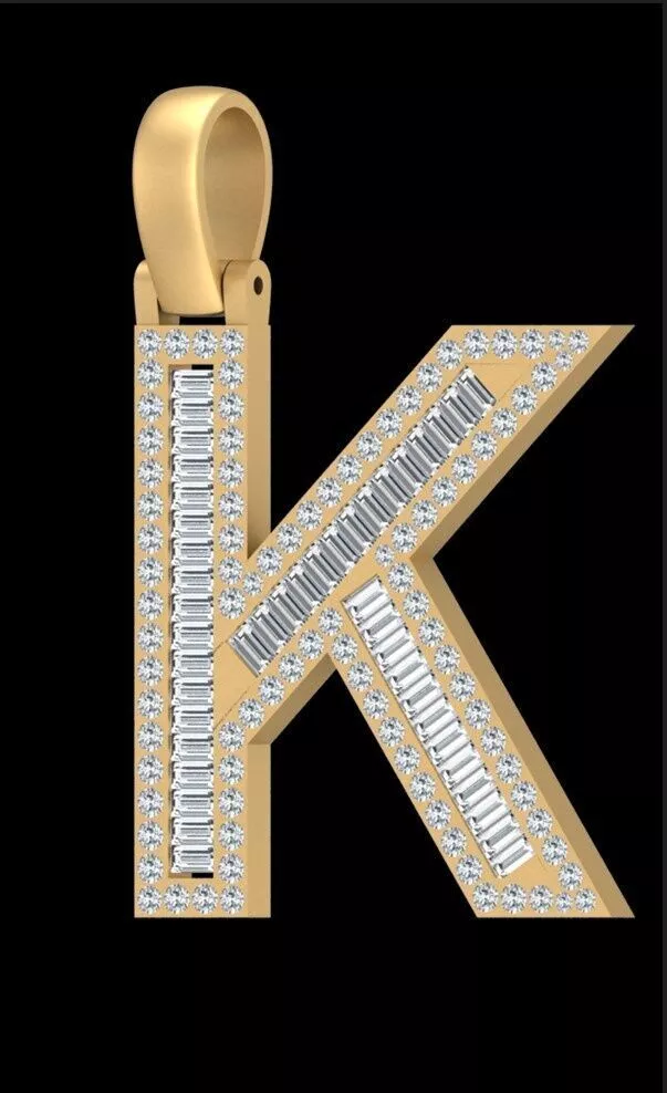 Letter K Baguette and Round Diamond Initial Pendant Jewelry CAD Free 3D print model