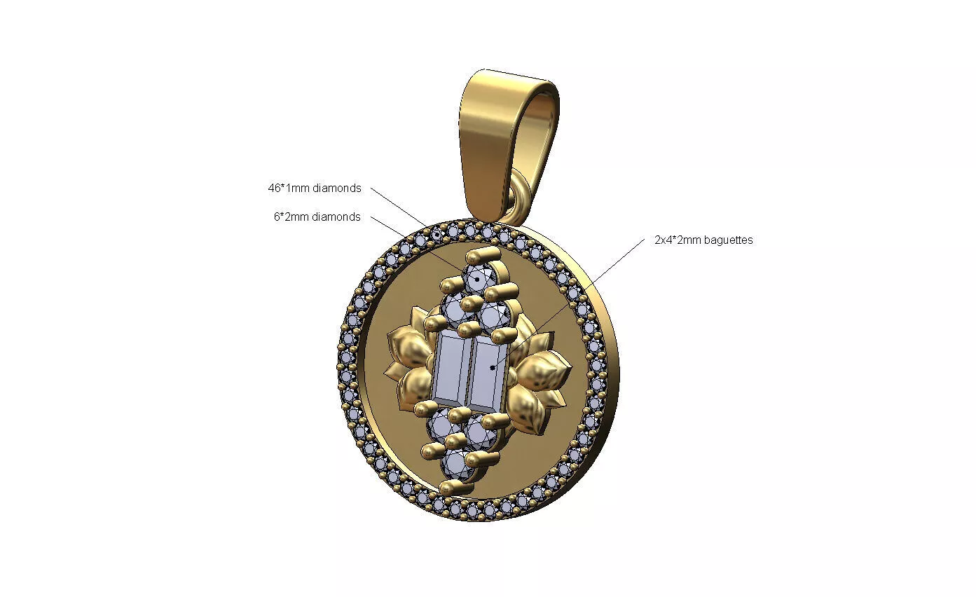 Round diamond baguette lotus cluster memory pendant 3D print model