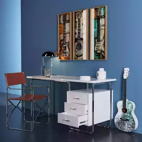 chair-table-guitar desk with electric guitar and chair