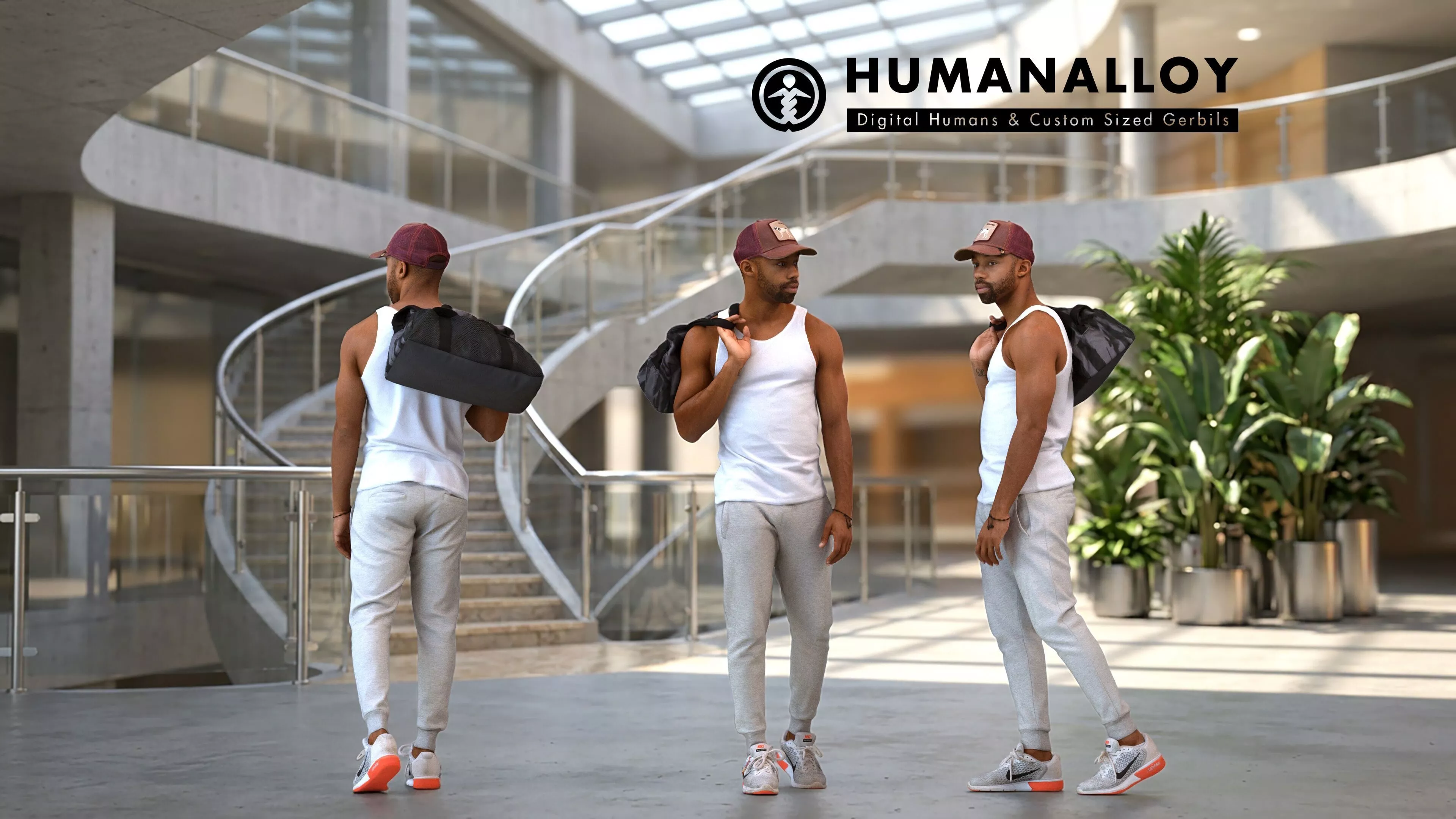 Adult Black male walking through public space carrying bag 3D model