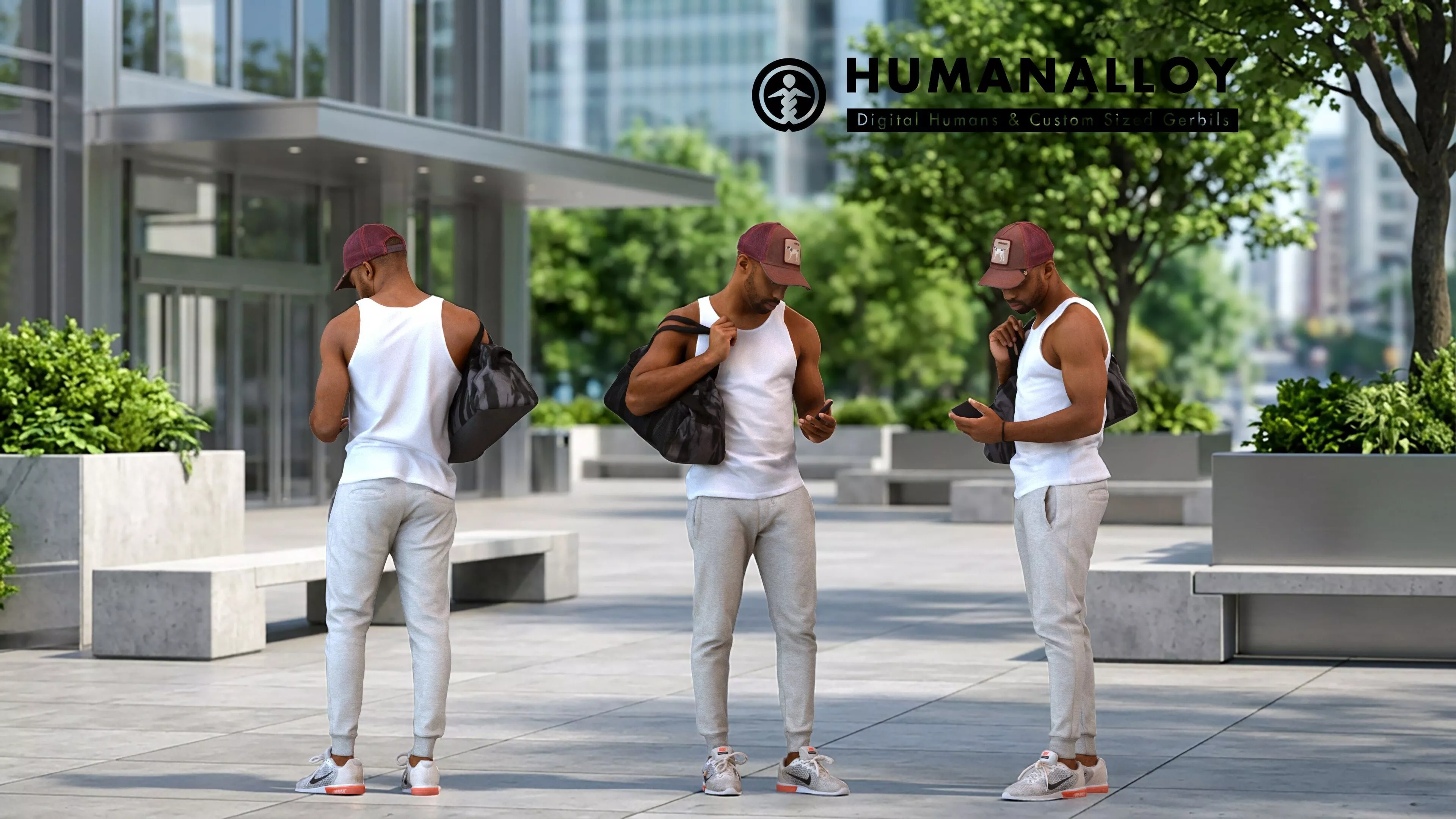 Adult Black male standing in public space with bag and 3D model