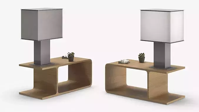 Modern Fabric Shade Lamp on Wood Bedside 3D model