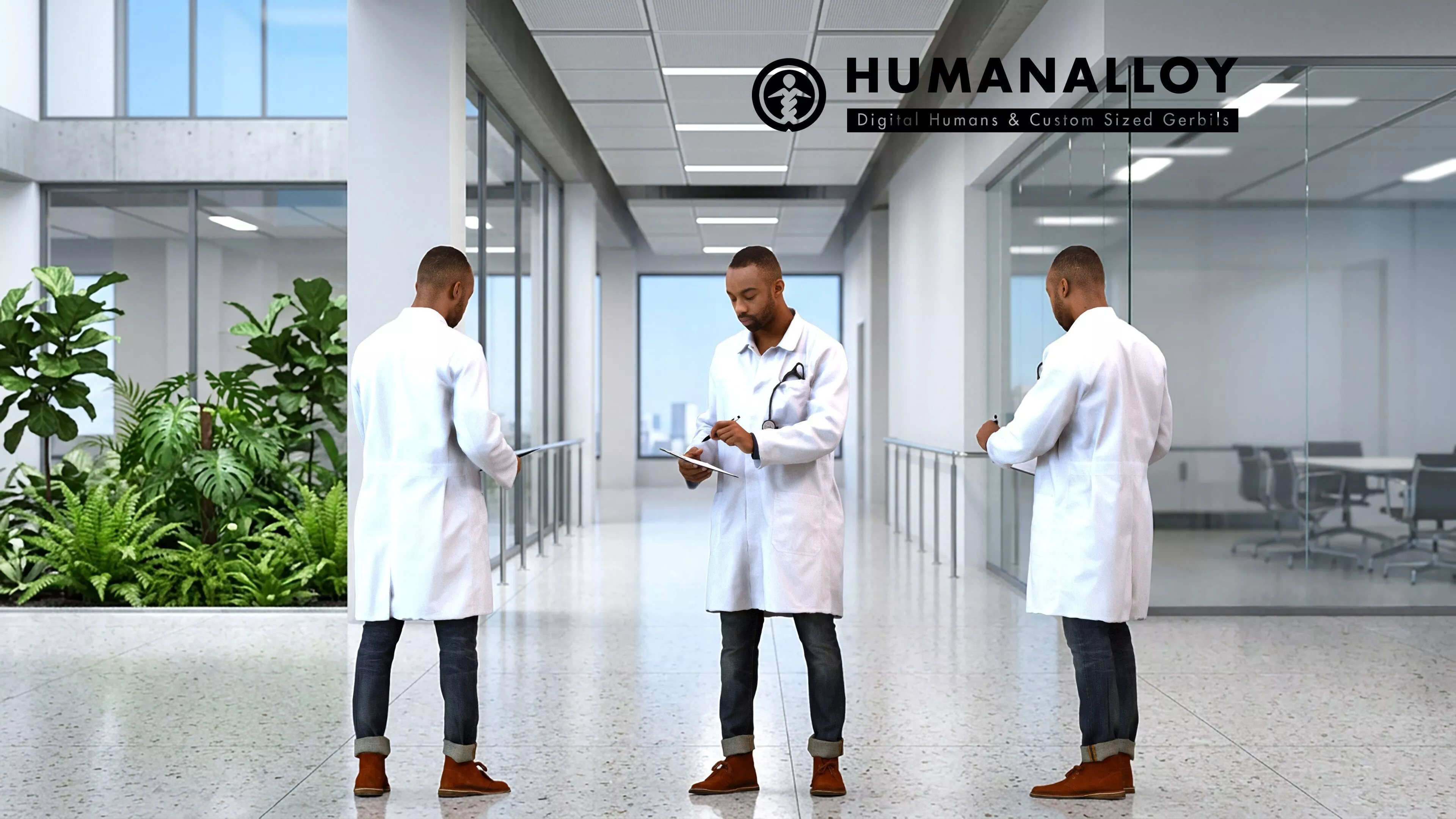 Adult Black male reading in medical setting wearing 3D model
