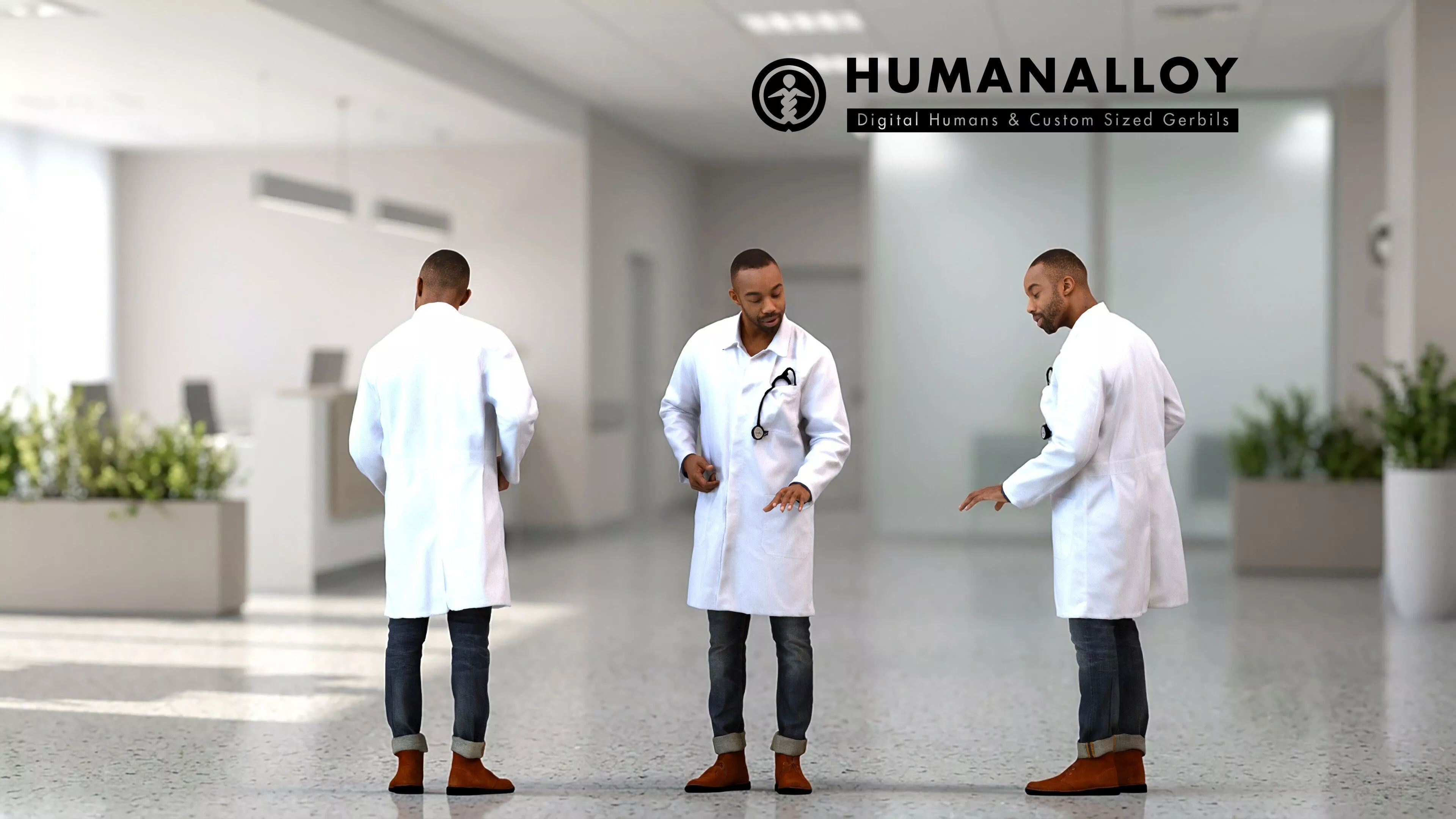 Adult Black male waiting in medical facility wearing 3D model