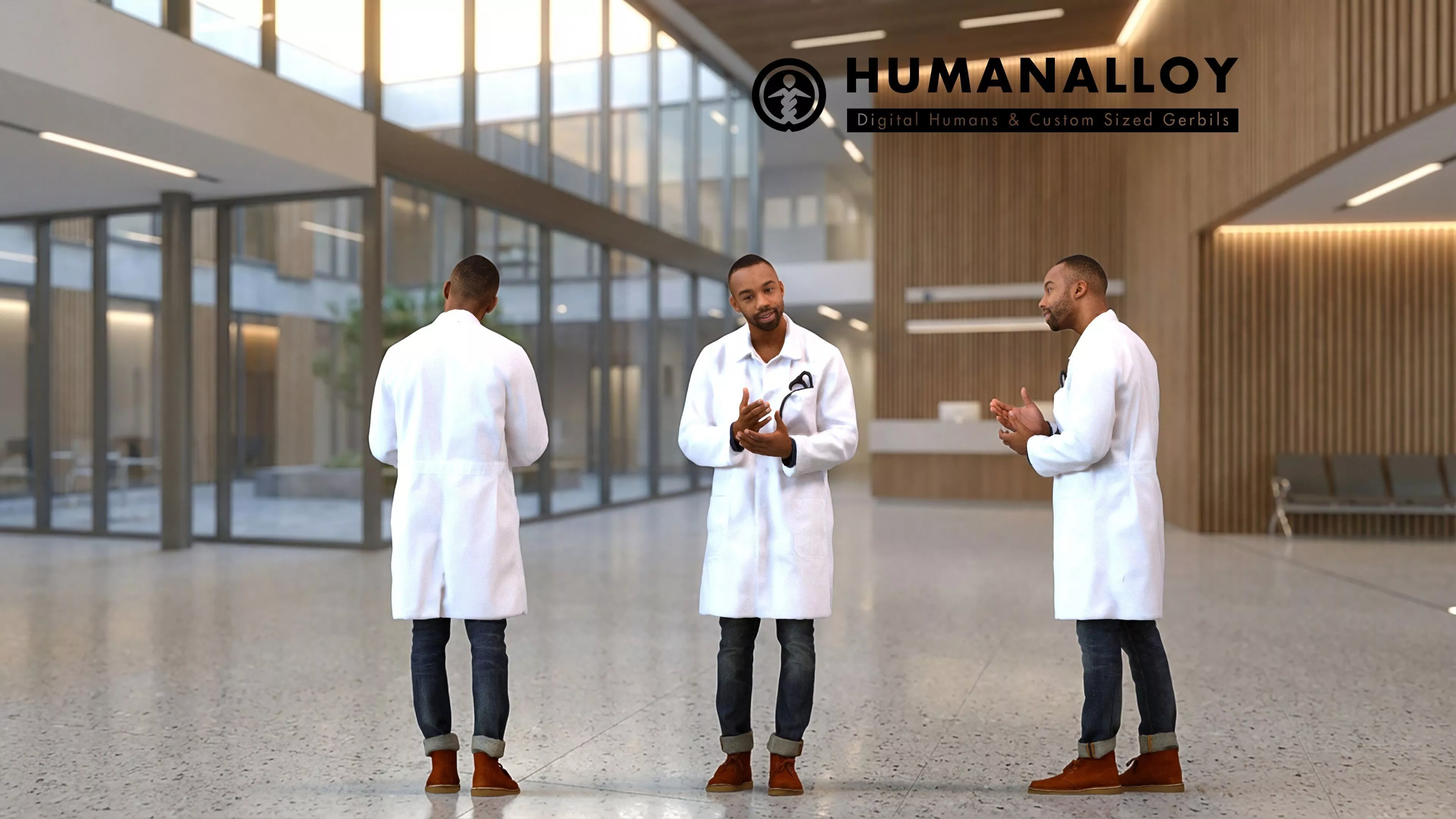 Adult Black male presenting in medical setting wearing 3D model