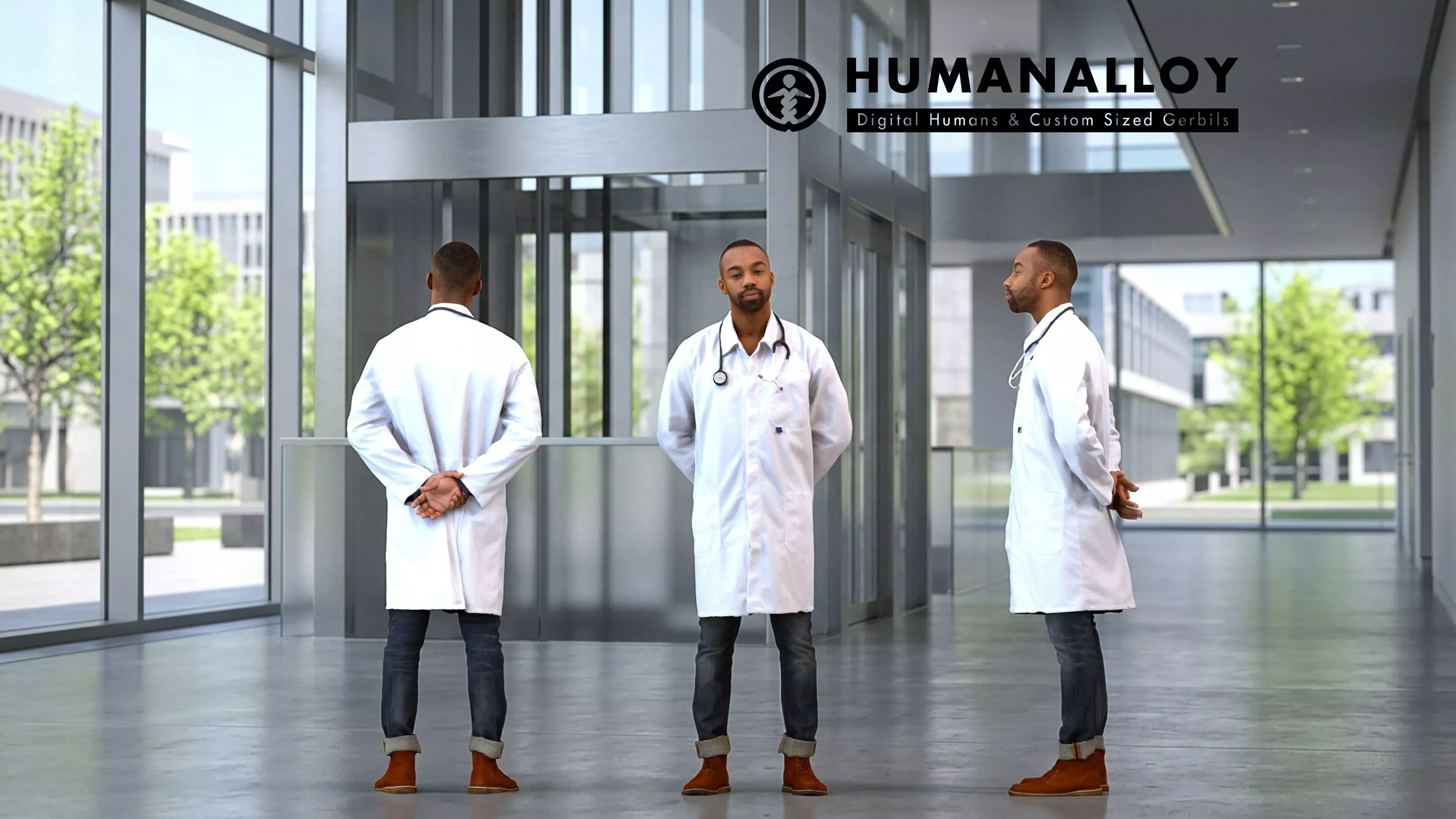 Adult Black male waiting in architectural space wearing 3D model