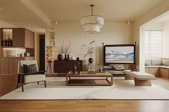 Chinese style living French retro style living and Dining room 3D model 2