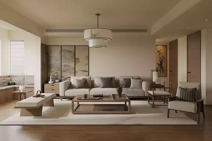 Chinese style living French retro style living and Dining room 3D model