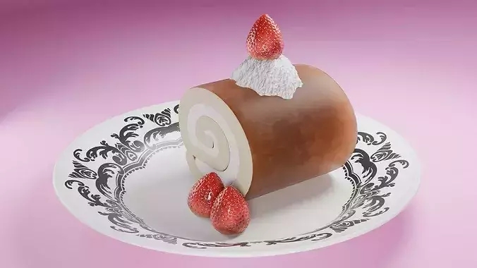 High-Detail Strawberry Swiss Roll Cake with Plate 3D model 2