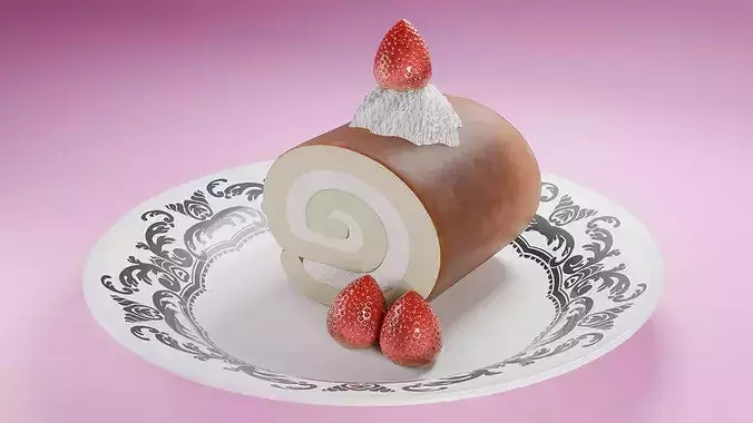 High-Detail Strawberry Swiss Roll Cake with Plate 3D model