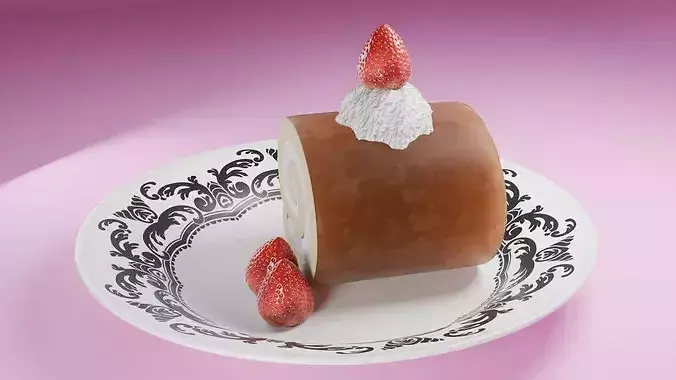 High-Detail Strawberry Swiss Roll Cake with Plate 3D model 3