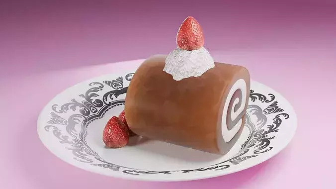 High-Detail Strawberry Swiss Roll Cake with Plate 3D model 5