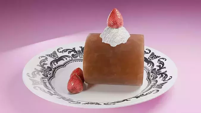 High-Detail Strawberry Swiss Roll Cake with Plate 3D model 4