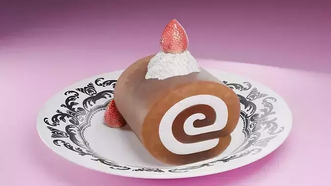 High-Detail Strawberry Swiss Roll Cake with Plate 3D model 7