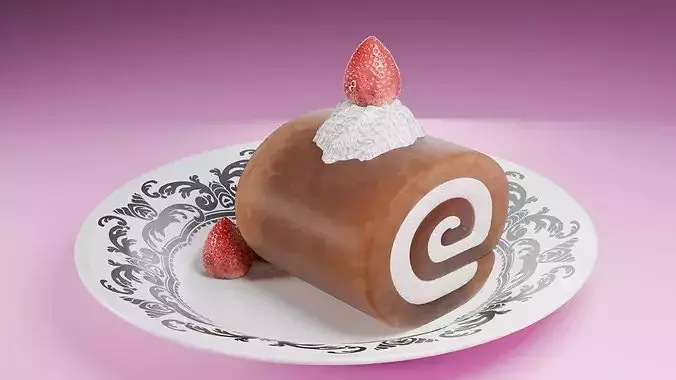 High-Detail Strawberry Swiss Roll Cake with Plate 3D model 6