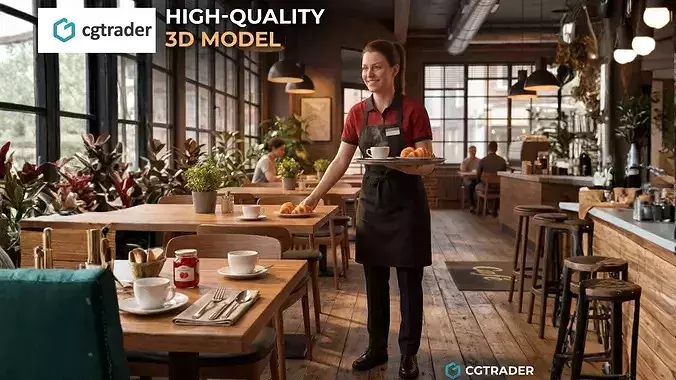 Female Restaurant Worker Character Cafe Staff Game Ready Low-poly 3D model