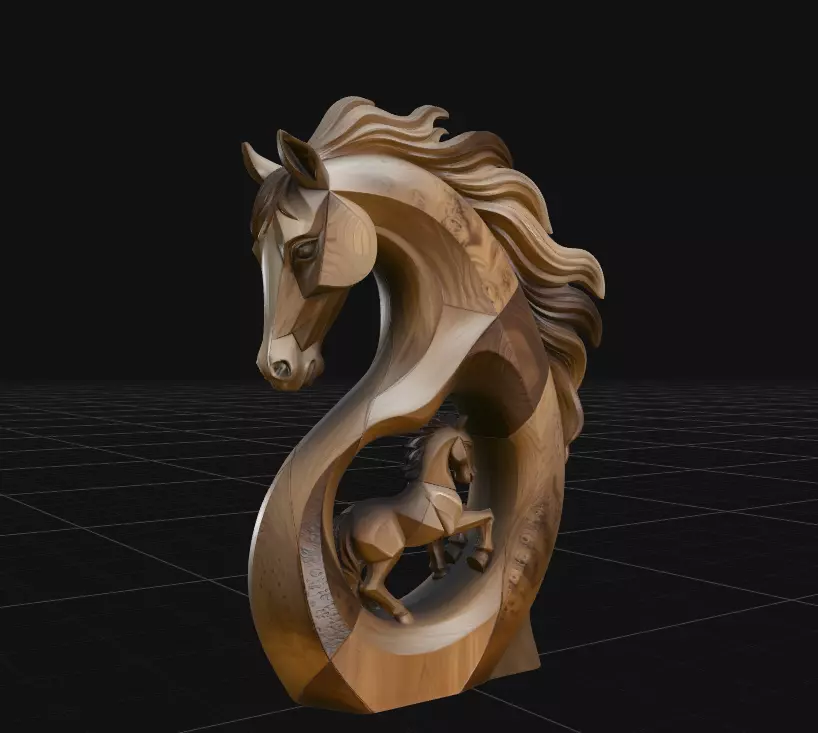 Artistic Wooden Horse Head Sculpture Decor 3D print model