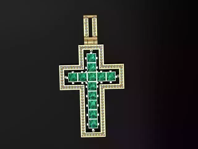 Cross pendant with emeralds and diamonds