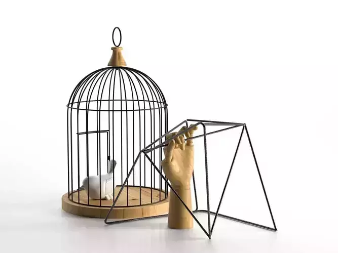 Decor Bird in Cage and Wooden Hand