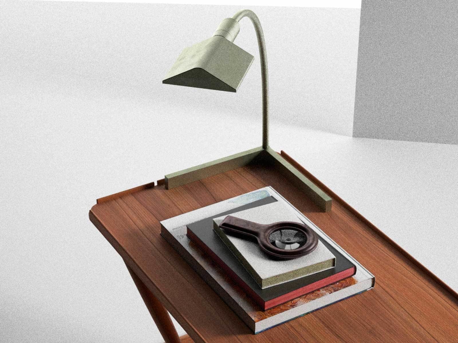 Propeller Stool with Table Lamp Stack of Books and Magnifer 3D model_1