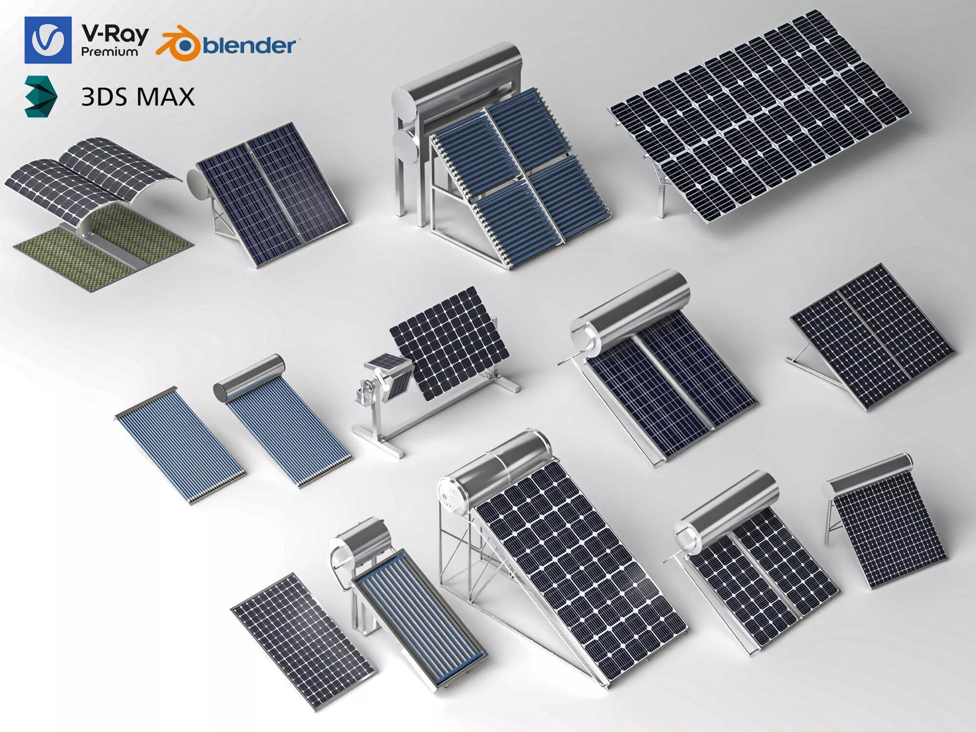 Multi Type Solar Panel Water Heater 3D Asset 3D model