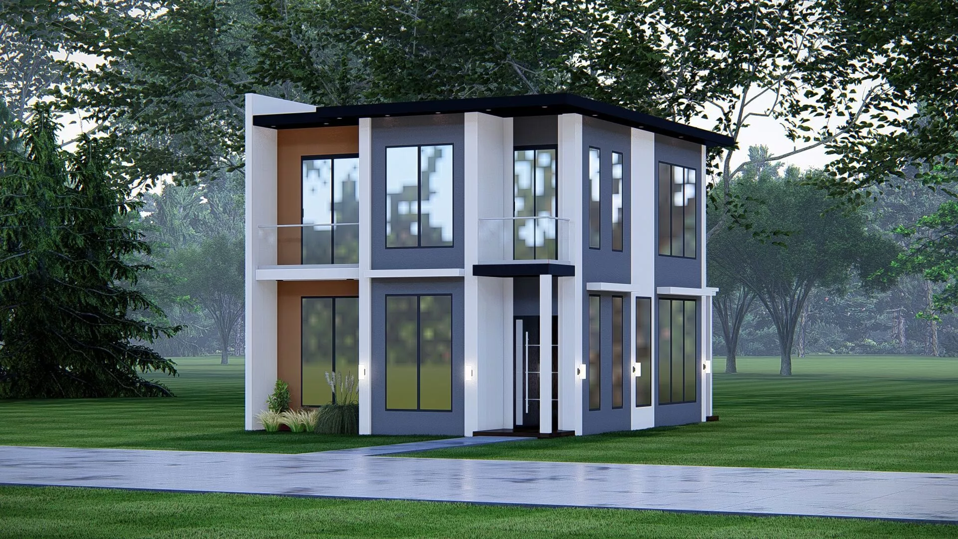 This is a modern two story flat roof with contemporary design 3D model