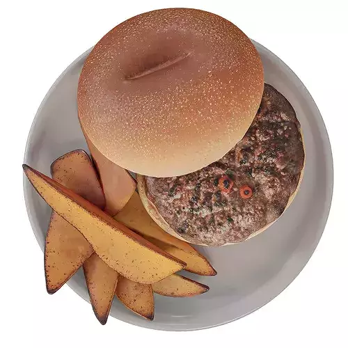 Realistic Cheeseburger Sandwich with Fries Low-poly 3D model 3