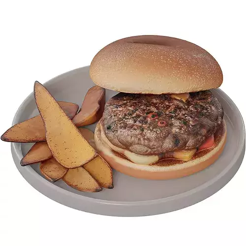 Realistic Cheeseburger Sandwich with Fries Low-poly 3D model 2