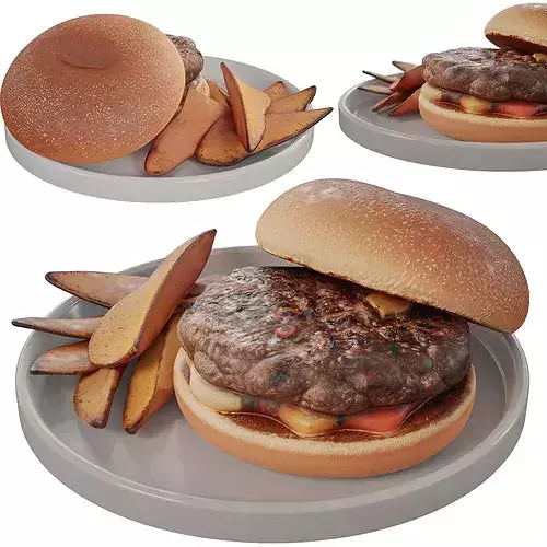 Realistic Cheeseburger Sandwich with Fries Low-poly 3D model 7