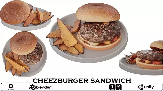 Realistic Cheeseburger Sandwich with Fries Low-poly 3D model