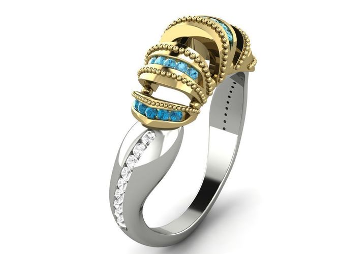 Alien gold and turquoise ring with diamonds 3D model