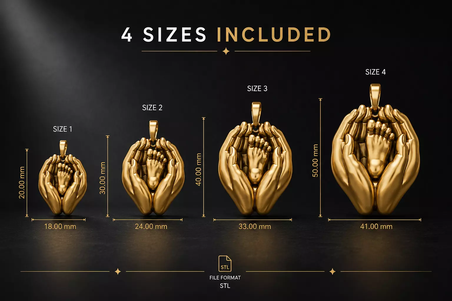 Baby Feet in Caring Hands Pendant STL File 4 Sizes Jewelry Model 3D print model