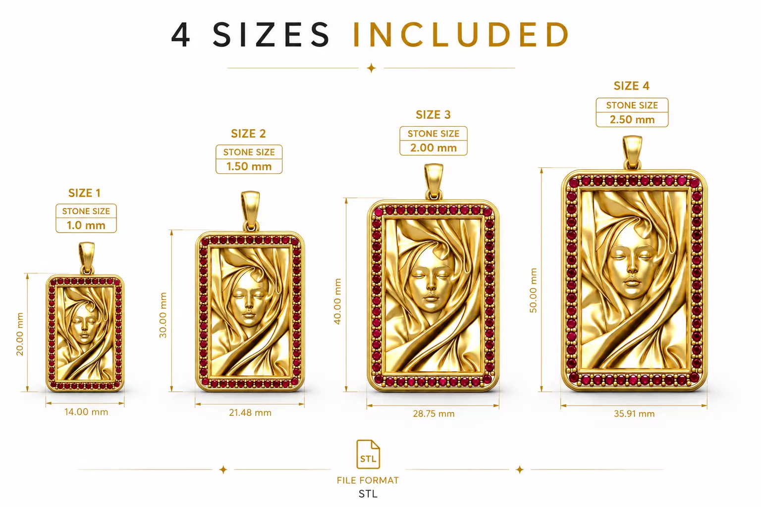 Woman Portrait Pendant STL File 4 Sizes Jewelry 3D Model 3D print model