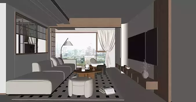 Mid-century Modern Living Room Vintage Mid-century Living Room 3D model 4